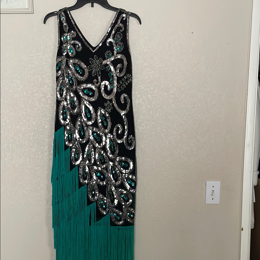 Glamorous Asymmetrical Black and Teal Dress with Silver Accents